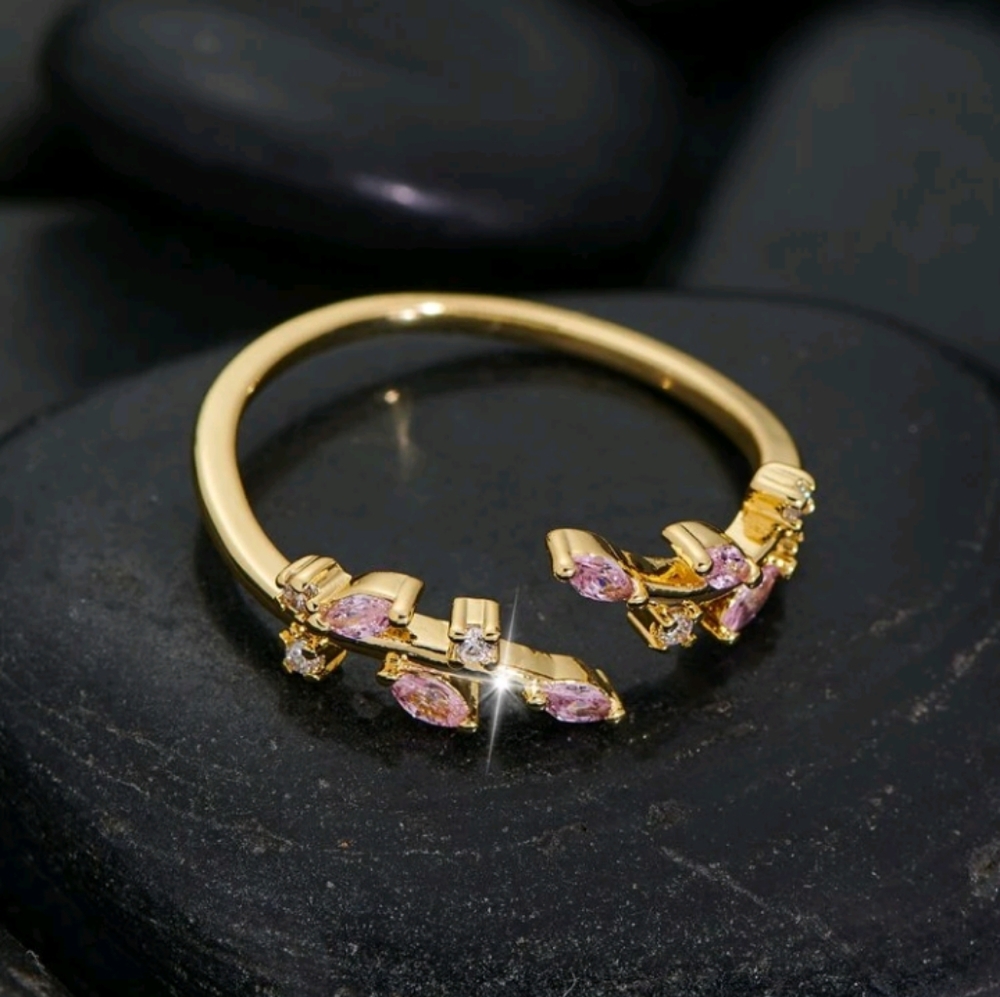 NEW adjustable women's ring, pink, CZ diamonds, gold - Picture 2 of 4